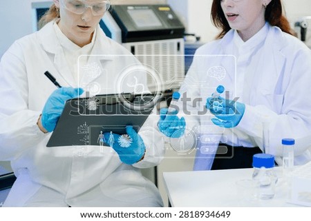 Scientists using AI technology in a modern laboratory to advance biotechnology, medical research, precision diagnostics 