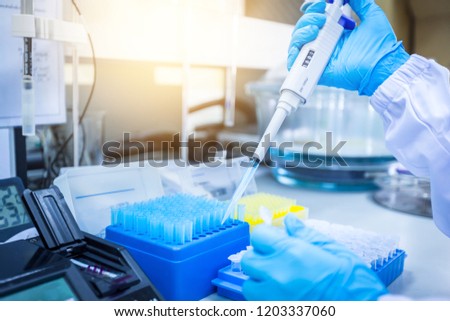 Scientists are using a micropipette to suck the solution for scientific experiments. Instruments and scientific equipment.