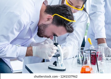 Scientists working in laboratory with using microscope for chemical researching