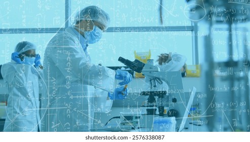 Scientists working with microscopes, mathematical equations image over laboratory scene. Science, research, technology, discovery, innovation, data