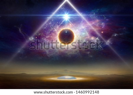 Sci-fi collage - aliens space ship above aliens colony on planet Earth, extraterrestrial spherical life form fly in dark night sky. Elements of this image furnished by NASA