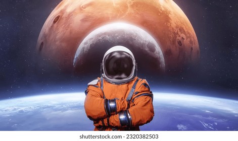 Sci-fi collage with astronaut, Earth, Mars planet and Moon. Spaceman on near Earth. Future space missions. Elements of this image furnished by NASA - Shutterstock ID 2320382503