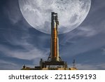 Sci-fi concept with Orion spacecraft and big Moon on background. Artemis space program to research solar system. Mission to the Moon. Elements of this image furnished by NASA.