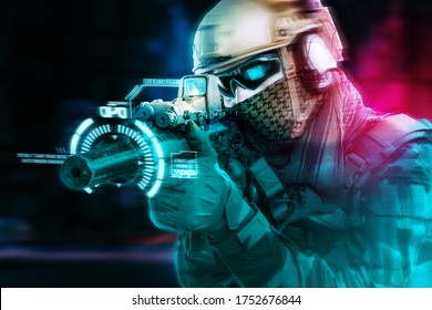 Sci-fi Future Soldier With Silencer Weapon. Uniform Conforms To Tactical Units Of Police. Shot In Studio. Night City On Background. (different Version)