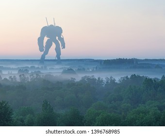 Sci-fi military giant battle machine. Humanoid robot in apocalypse countryside. Dystopia, science fiction, mech and combat technology concept.