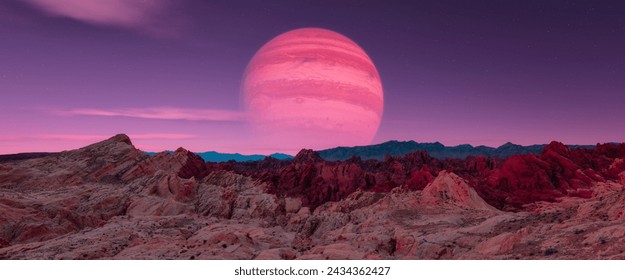 Sci-fi Scene of Alien Planet Rocky Terrain with Background Jupiter planet. Foreground from Valley of Fire, USA