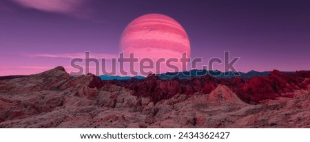 Sci-fi Scene of Alien Planet Rocky Terrain with Background Jupiter planet. Foreground from Valley of Fire, USA