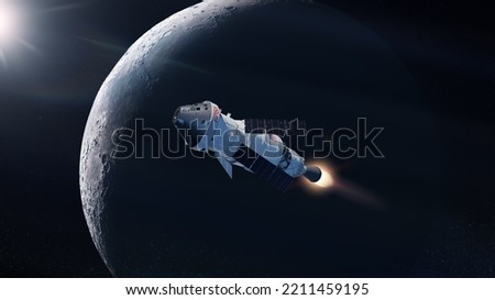 Sci-fi wallpaper. Orion spacecraft flies in outer space on orbit of Moon. Expedition to Moon. Elements of this image furnished by NASA.
