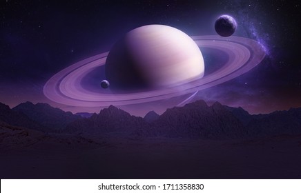Sci-fi wallpaper of Saturn planet and mountains in the Earth. Night landscape. Elements of this image furnished by NASA