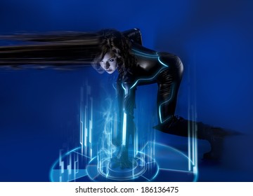 Sci-fi Woman In Blue Neon Lights, Travel Time