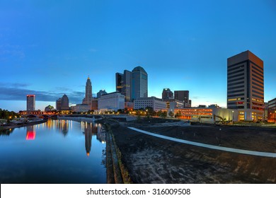 Scioto River And Columbus Ohio Skyline At John W. Galbreath Bicentennial Park At Dawn