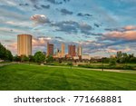 Scioto River and downtown Columbus Ohio skyline at John W. Galbreath Bicentennial Park at dusk