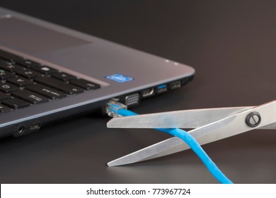 Scissor cutting internet cable. Getting rid of internet addiction. Prevention of theft of data, information via the Internet. Radical disconnection internet.