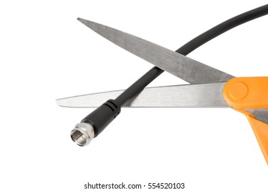 Scissors About To Cut A Coaxial Cable - Cutting The Cord, Cable TV Concept