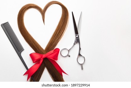 Scissors, Comb And Heart Shaped Hair Lock. Professional Barber Hair Cutting Shears On White Background. Hairdresser Salon Equipment, Premium Hairdressing Set. Accessories For Haircut. Valentines Day.