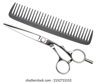 Scissors and comb. Professional barber scissors or shears, comb for man or woman haircut. Hairdresser salon equipment. Hair cutting carbon comb. Premium hairdressing accessories, hairbrush.