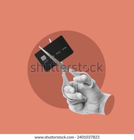 Scissors, cut credit card, hand with scissors, eliminating debt, finish adding purchases, without credit cards, without debt, pay and delete card, debit card, delete, misuse of cards, good use of card Сток-фото © 