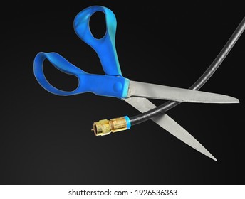 Scissors Cut Through A Coaxial Cable On White - Cutting The Cord Tv Concept