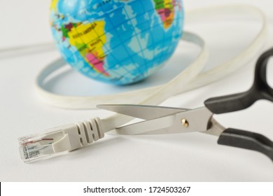 Scissors Cutting Internet Cable With Planet Earth On White Background - Concept Of Global Internet Outage