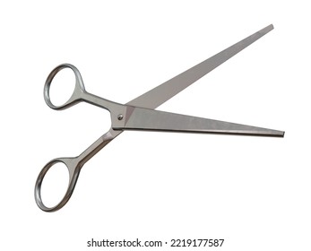 Scissors On A White Background, Hairdressing Tools Close-up On, Open Silver Scissors For The Hairdresser, Background For A Beauty Salon, Shears For Hair Cutting Sign Or Barber Symbol