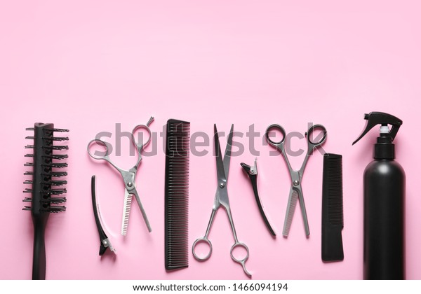 Scissors Other Hairdressers Accessories On Pink Stock Photo Edit