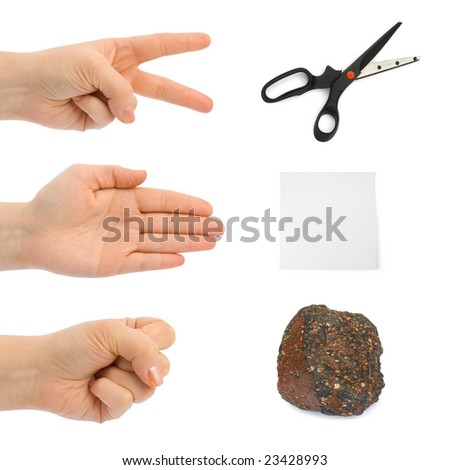Scissors, paper, stone - hands isolated on white background