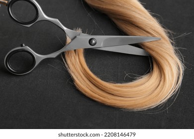 Scissors And Piece Of Blond Hair. Professional Barber Hair Cutting Shears On Background. Hairdresser Salon Equipment Concept, Premium Hairdressing Set. Accessories For Haircut With Copy Space