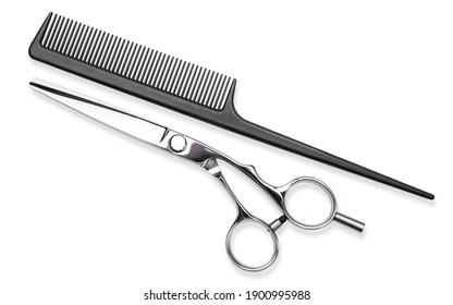 Scissors or shears and comb with tail. Professional barber hair cutting scissors on white isolated background. Hairdresser salon equipment concept, premium hairdressing shears. Accessories for haircut