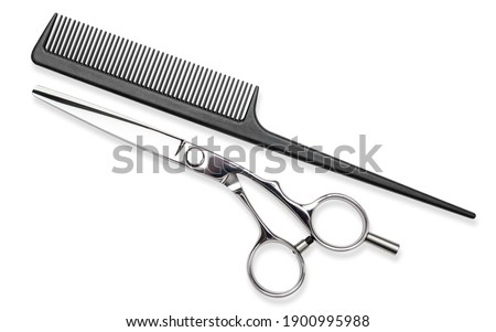 Scissors or shears and comb with tail. Professional barber hair cutting scissors on white isolated background. Hairdresser salon equipment concept, premium hairdressing shears. Accessories for haircut