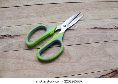 Scissors Stainless Steel Isolated On Wooden Background Closeup.