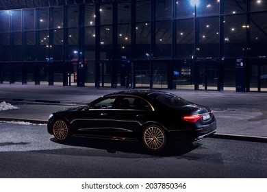 S-Class Mercedes parked in front of the Convention Center at night. Katowice,Poland - 02.02.2021