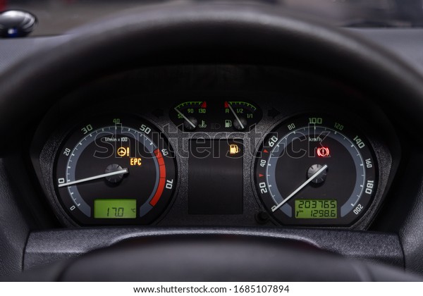 Scoda Fabia\
-Car panel, digital bright speedometer, odometer and other\
tools.Novosibirsk, Russia – March 11, 2020\
\
