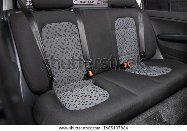 Scoda Fabia - Rear seat for\
passengers in black textile. Novosibirsk, Russia – March 11, 2020\
\
