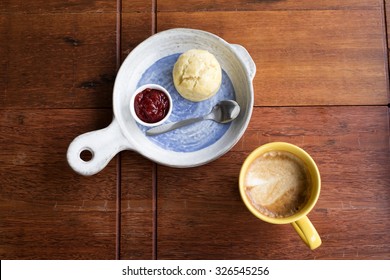 Scone, Jam And Coffee Break On Top View