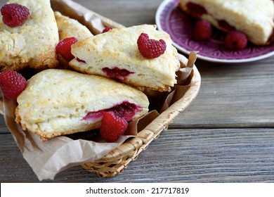 Scone With Raspberry In A Wicker Basket, Delicious Food