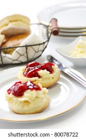 Scone With Strawberry Jam And Clotted Cream , Afternoon Tea , Cream Tea , Tea Party, Buttermilk Biscuits