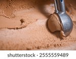 Scoop of chocolate icecream , Close Up Top view scooping Chocolate flavor ice cream meat.