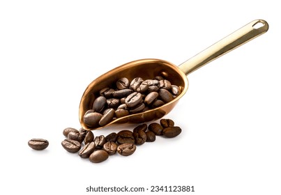 Scoop of coffee beans on white background. Coffee beans in scoop isolated.