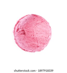 Scoop Of Delicious Pink Ice Cream Isolated On White, Top View