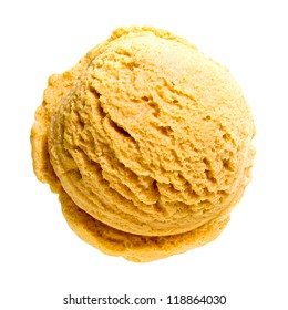 Scoop Of Mango Ice Cream From Top View On White Background With Clipping Path