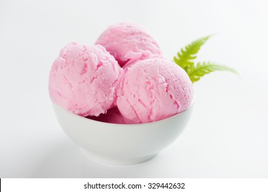 Scoop Pink Ice Cream In Bowl On White Background.