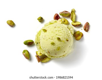 Scoop of pistachio ice cream with pistachio nuts on white background. Top view of ice cream isolated for package design of pistachio ice cream. - Shutterstock ID 1986821594