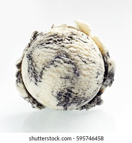 Scoop Of Speciality American Oreo Ice Cream Made With Crumbled Cookies Viewed From Above To Show The Texture Over A White Background