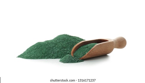 Scoop With Spirulina Algae Powder On White Background