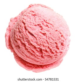 Scoop Of Strawberry Ice Cream From Top Or Top View Isolated  On White Background With Clipping Path