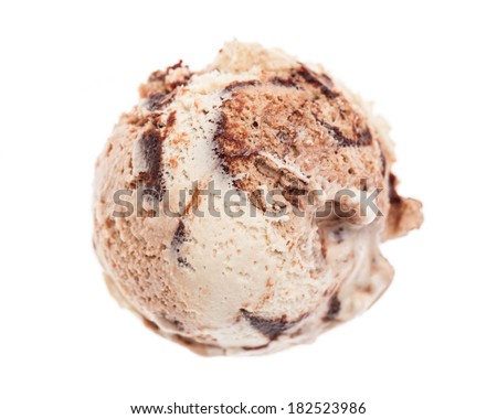 A scoop of tiramisu ice cream form bird's eye view isolated on white background