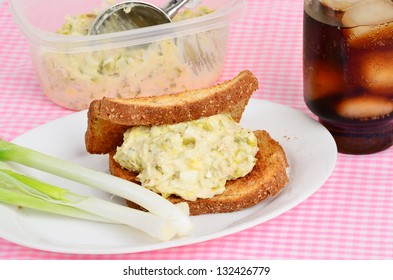 Scoop Of Tuna Salad On Toast With Bowl And Scoop In Background.  Severed With Fresh Scallions And Carbonated Soft Drink.