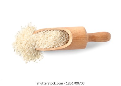 Scoop With Uncooked Long Grain Rice On White Background, Top View