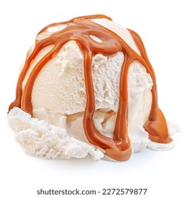 Scoop of vanilla ice cream ball with caramel toffee sauce isolated on white background - Powered by Shutterstock