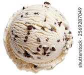 Scoop of vanilla ice cream with chocolate chips isolated on white background, top view.